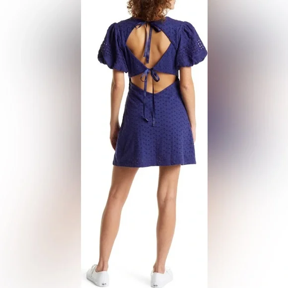 NWT Free People Apricot Rose Puff Sleeve Eyelet Dress in Living Indigo - Picture 13 of 14